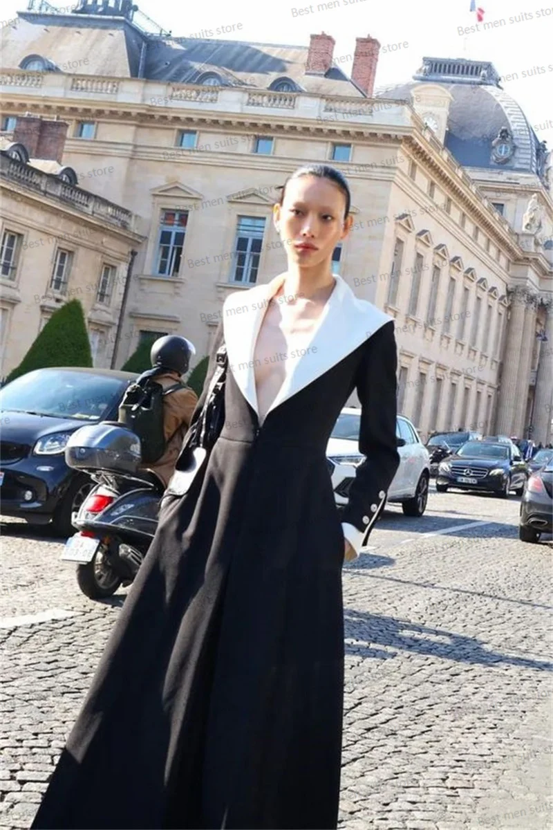 Traje de traje largo para mujer, chaqueta Formal de oficina, vestido de graduación de boda, abrigo de Color Patchwork blanco y negro hecho a medida, otoño