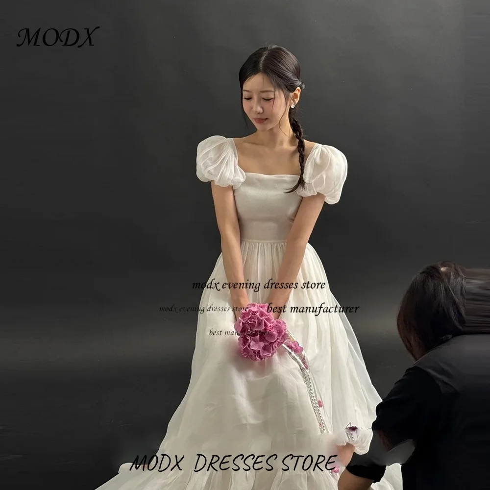 MODX فساتين زفاف كورية جديدة بسيطة بدون حمالات على شكل حرف a من الأورجانزا زي العرائس وطول الأرض فساتين مشد مكشكشة #4