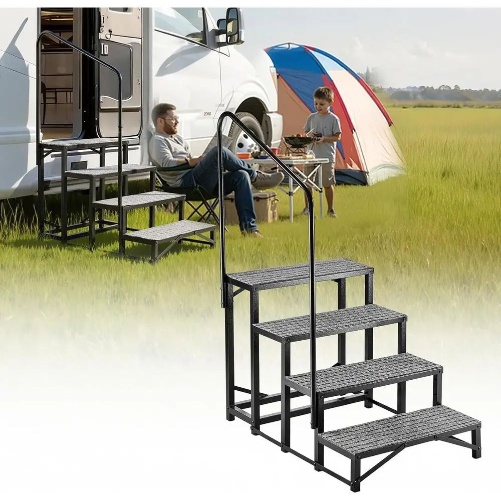 

Heavy-Duty Outdoor RV Staircase with Handrail, 4 Steps, 660 lbs Capacity, Non-Slip Mat for Elderly, Pets, and Hot Tub Access