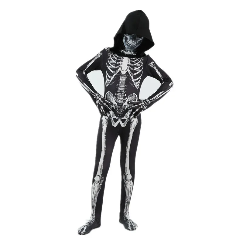 Child Skeleton Horror Hooded Costume Men\'s Dark Spooky Skeleton Tights Halloween Role Play Carnival Performance Costume