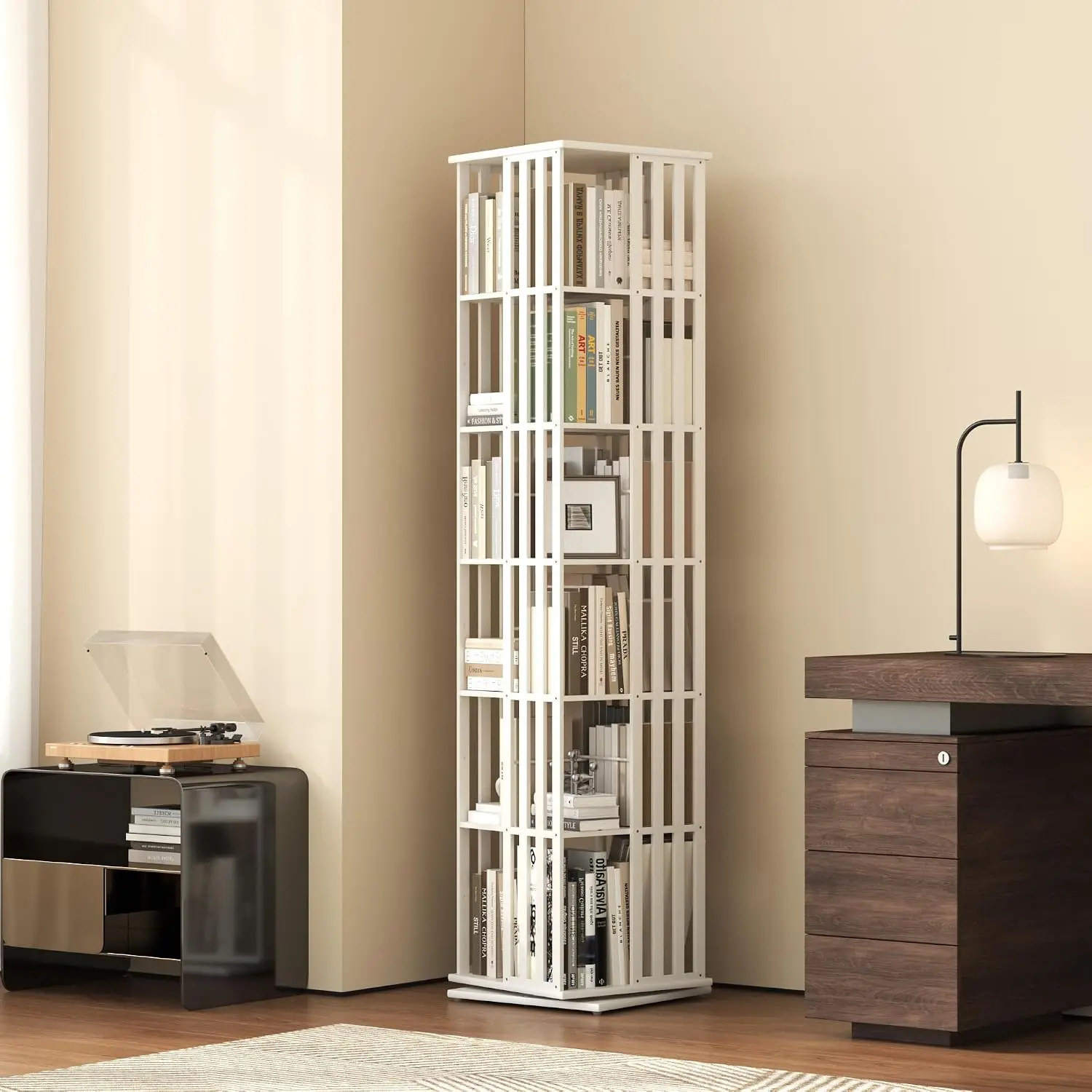 Rotating Bookshelf Tower, 360° Display Spinning Bookcase, Bamboo Bookshelf Floor Standing Storage Rack, Wood Narrow, Customized
