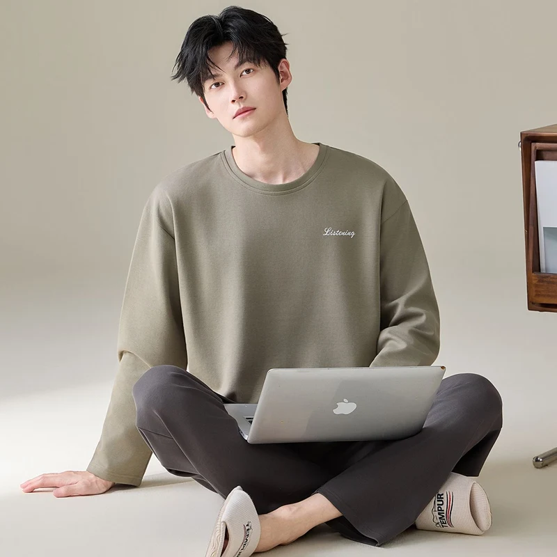 2026 New Autumn Long Sleeve 100% Cotton Pajama Sets for Men Korean Loose Sleepwear Suit Pyjama Male Homewear Lounge Home Clothes