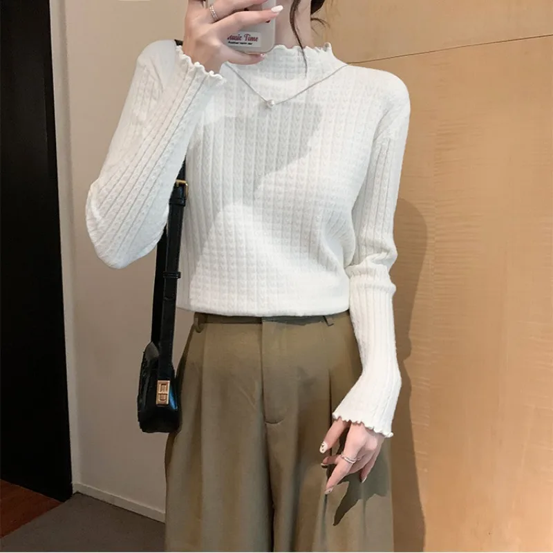 

Autumn and Winter Fashion Ear Edge Half High Collar Solid Color Long Sleeve Knitted Sweater Korean Slimming Pullover Tops Women