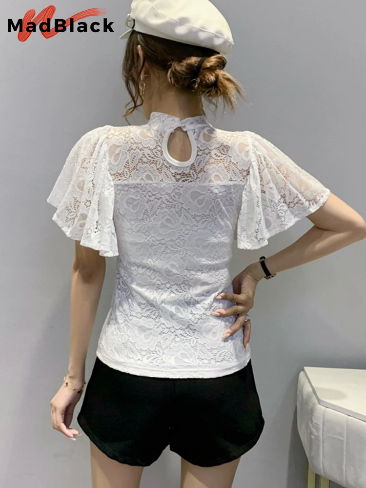 MadBlack Summer European Clothes T-Shirt Chic Sexy Lace Hollow Out Women Tops Short Flare Sleeve 2022 Casual Solid Tees T23004X