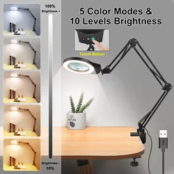 Lampada d'ingrandimento super LED da 1300 lumen con morsetto Obiettivo da 4,3 pollici 5 modalità di luce Braccio oscillante regolabile illuminato per la lettura artigianale