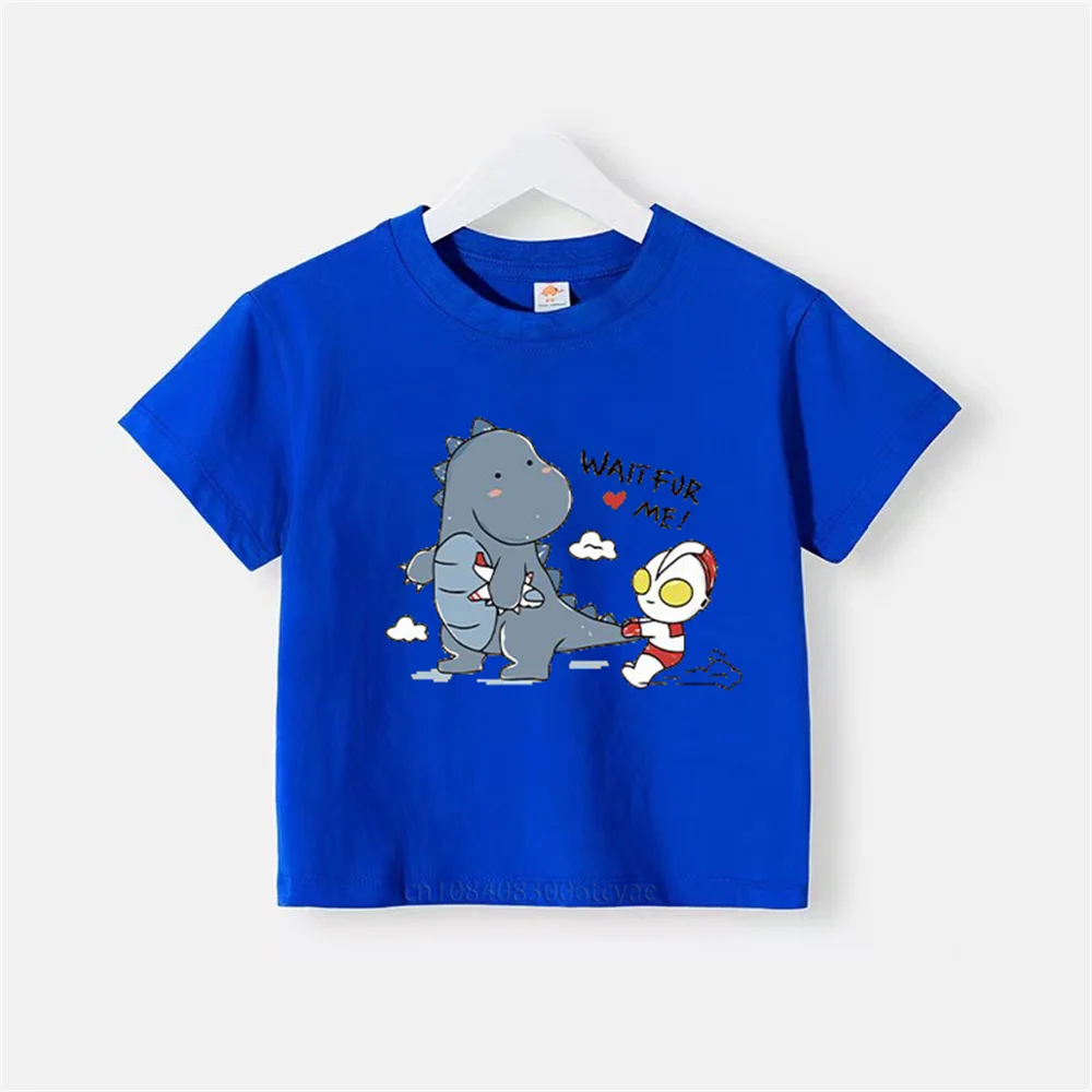 Summer boys cotton printed T-shirt cute baby girl round neck fashion short sleeve children\'s anime Ultraman fight monster top