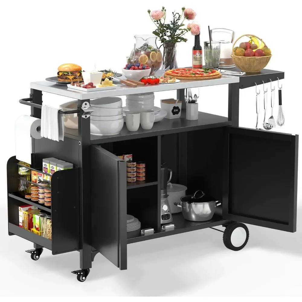 

XL Outdoor Grill Cart with Wheels, Weatherproof Kitchen Outdoor Bar Cart BBQ with Foldable Stainless Steel Top & Storage Cabinet
