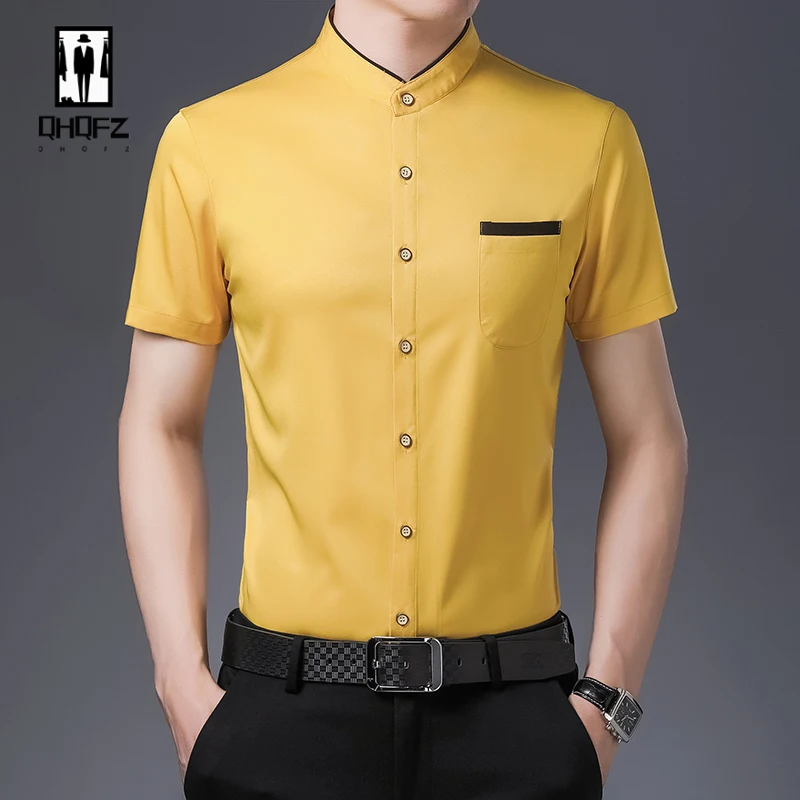 Men's Short Sleeved Standing Collar Shirt Casual Breathable Slim Fitting Fashionable Top