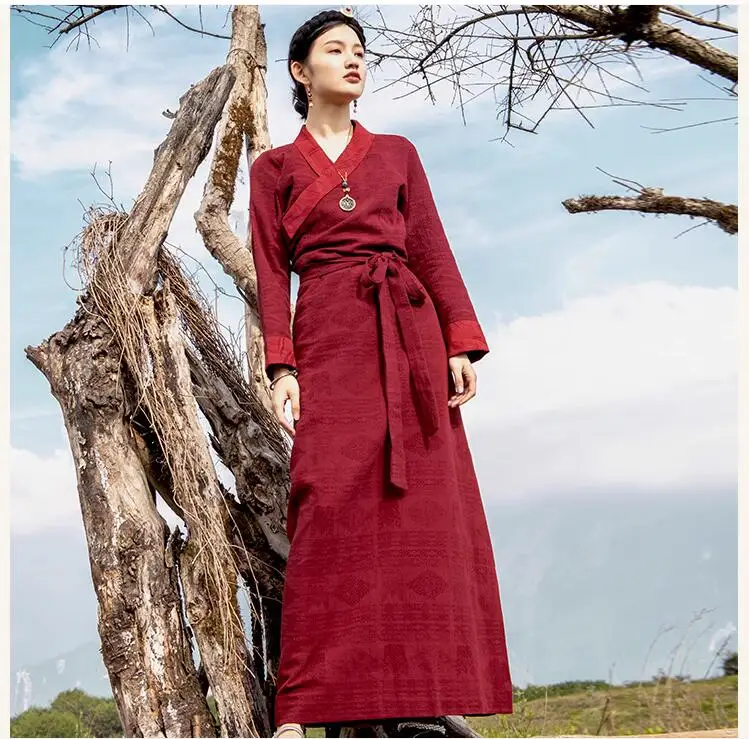 Vestido Xizang retrô vermelho para fêmea, Lhasa, dança tibetana