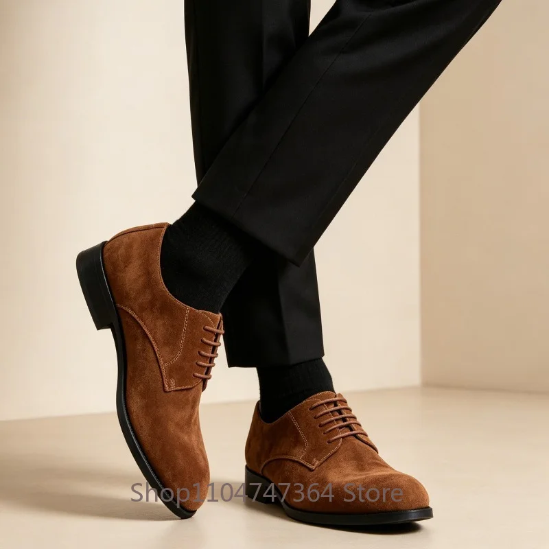 Designer Men Dress Shoes Cow Suede Derby Business British Style Lace Up Wear-resistant Leather Shoes Male Youth Genuine Leather