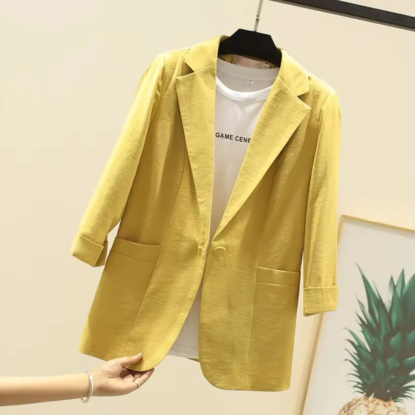Women's Linen Blazer Formal Workwear 7-Point Sleeve Office Uniform Design Feminino Jacket for Professional Settings