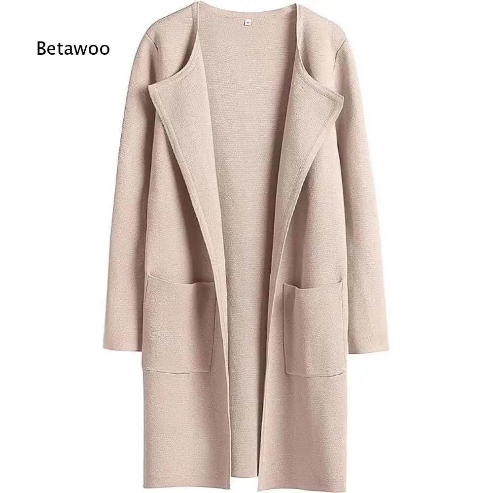 Women Casual Mid Long Knitted Outer Coat Lapel Collar Open Front Long Sleeve Functional Side Pockets Relaxed Daily Jacket