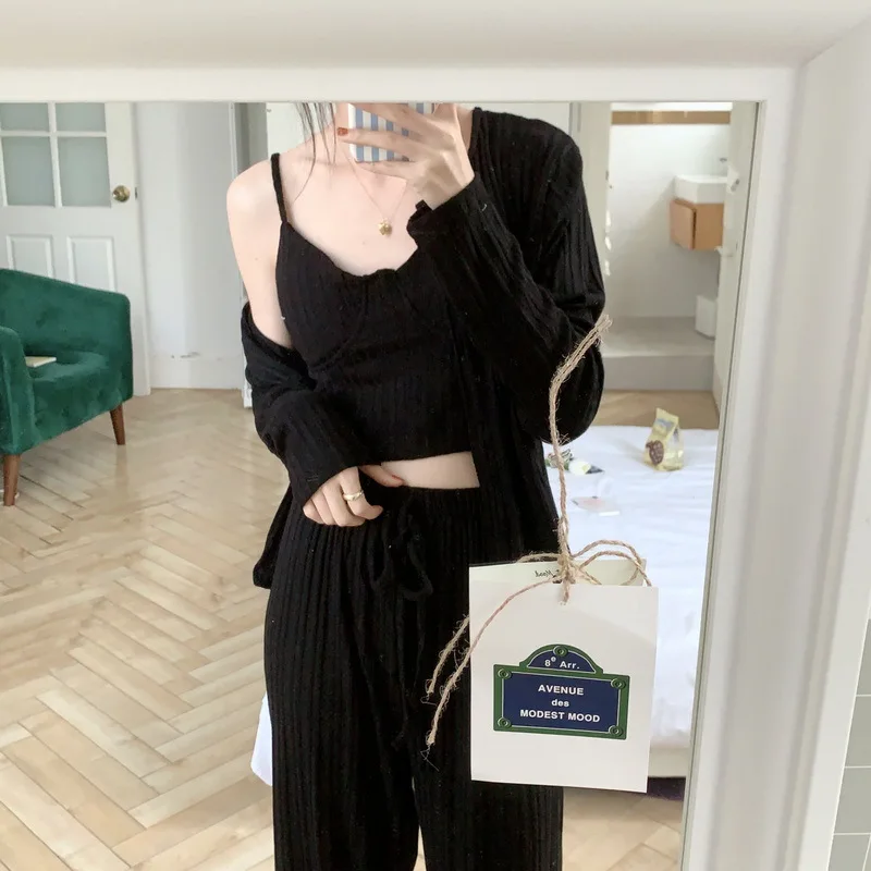 Sexy Stripes Cotton Three-Piece Pajamas Suit Women Spring and Autumn Long Sleeve Sling Trousers with Chest Pad Home Clothes