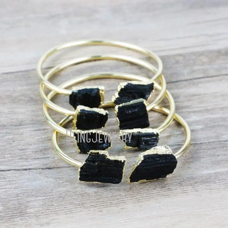 Raw Black Tourmaline Cuff Rough Jet Stone Gold Color Bracelet Bangle Healing Protection Jewelry Women Boho Accessaries