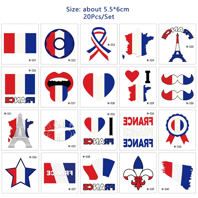 20 Stks/set Tijdelijke Tatoeages Frankrijk Vlag Parijs Toorts Tattoo Stickers Franse Evenement Carnaval Element Arm Gezicht Waterdichte Stickers