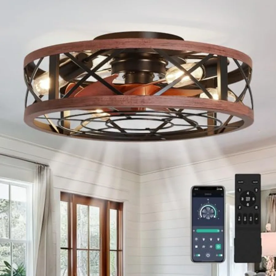 

19'' Caged Ceiling Fans with Lights and Remote, Fandelier Ceiling Fan with Light, 6 Speeds and Reversible, Low Profile Ceiling