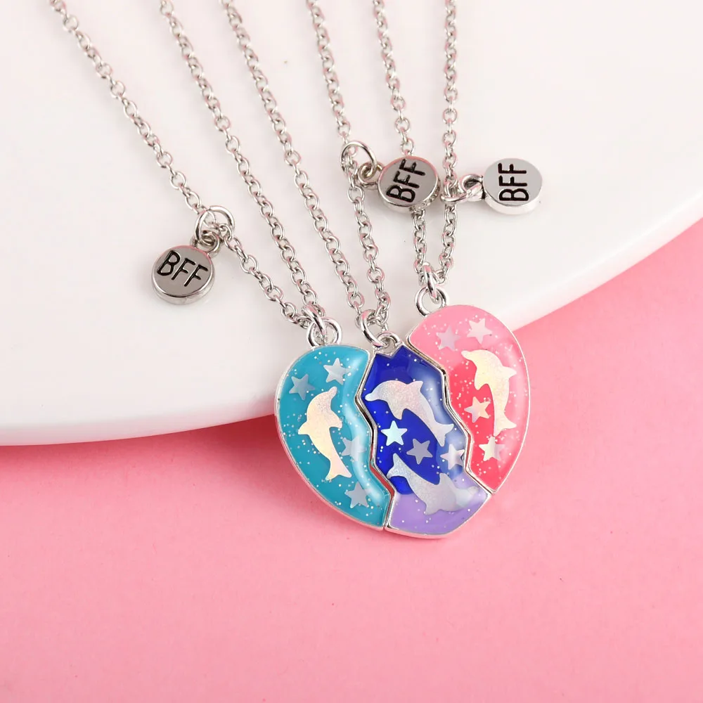 Elviragirl 3Pcs/set Cute Marine Organism Dolphin Sequin Stitching Best Friend Necklace for Girls Fashion Friendship Gifts