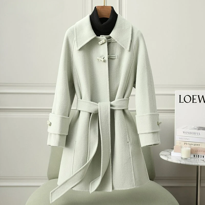 

High-End Lace-up Woolen Coat New Women's Double-Sided Wool Overcoat 2024 Korean Style Female Loose Mid-Length Fashion Outwear