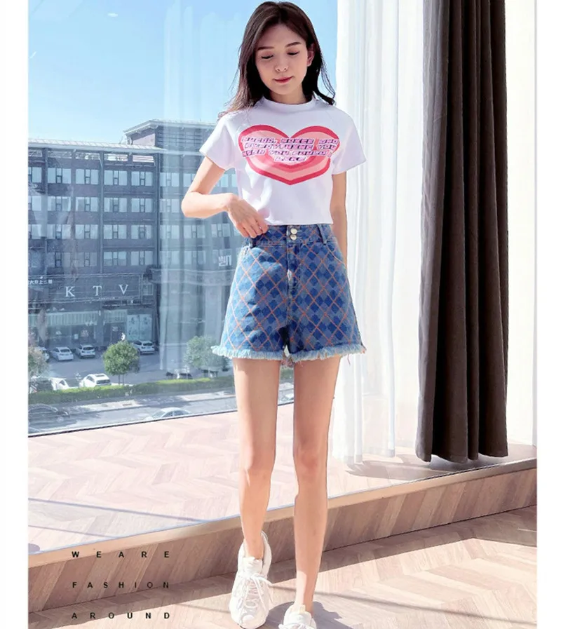 Pantaloncini di jeans scozzesi a vita alta Donna Estate Semplicità Office Lady Pantaloncini dritti casual allentati a gamba larga