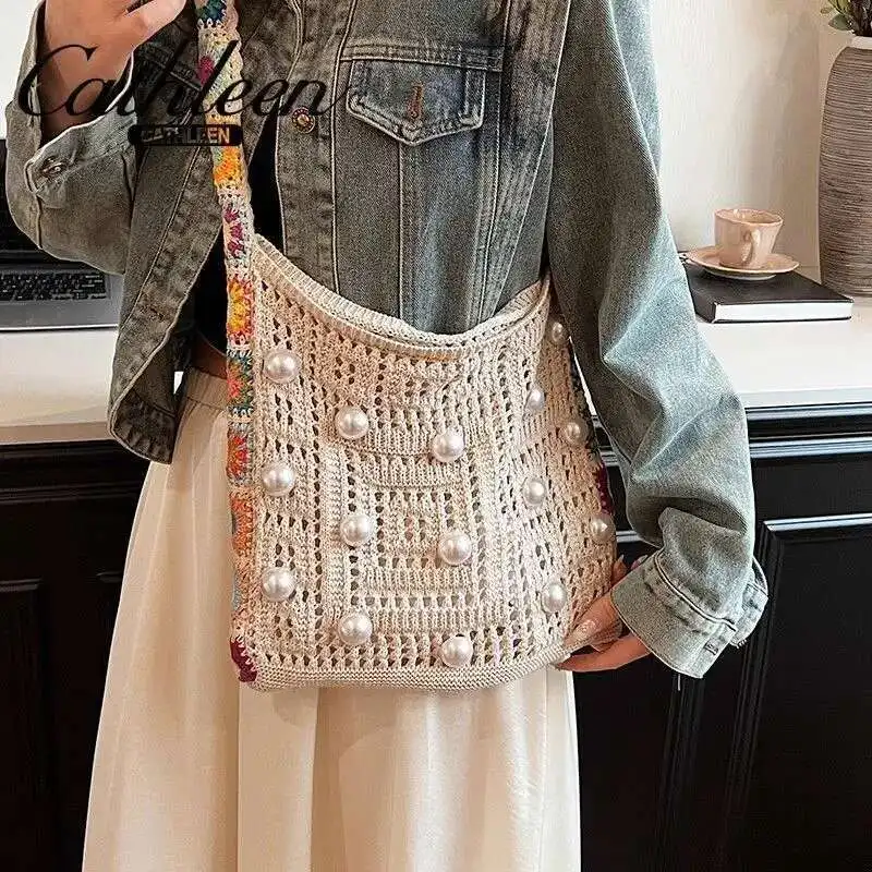 

Girls Woven Straw Bag Large Capacity One Shoulder Crossbody Bag Seaside Vacation Beach Bag Large Bag Decorated With Pearls
