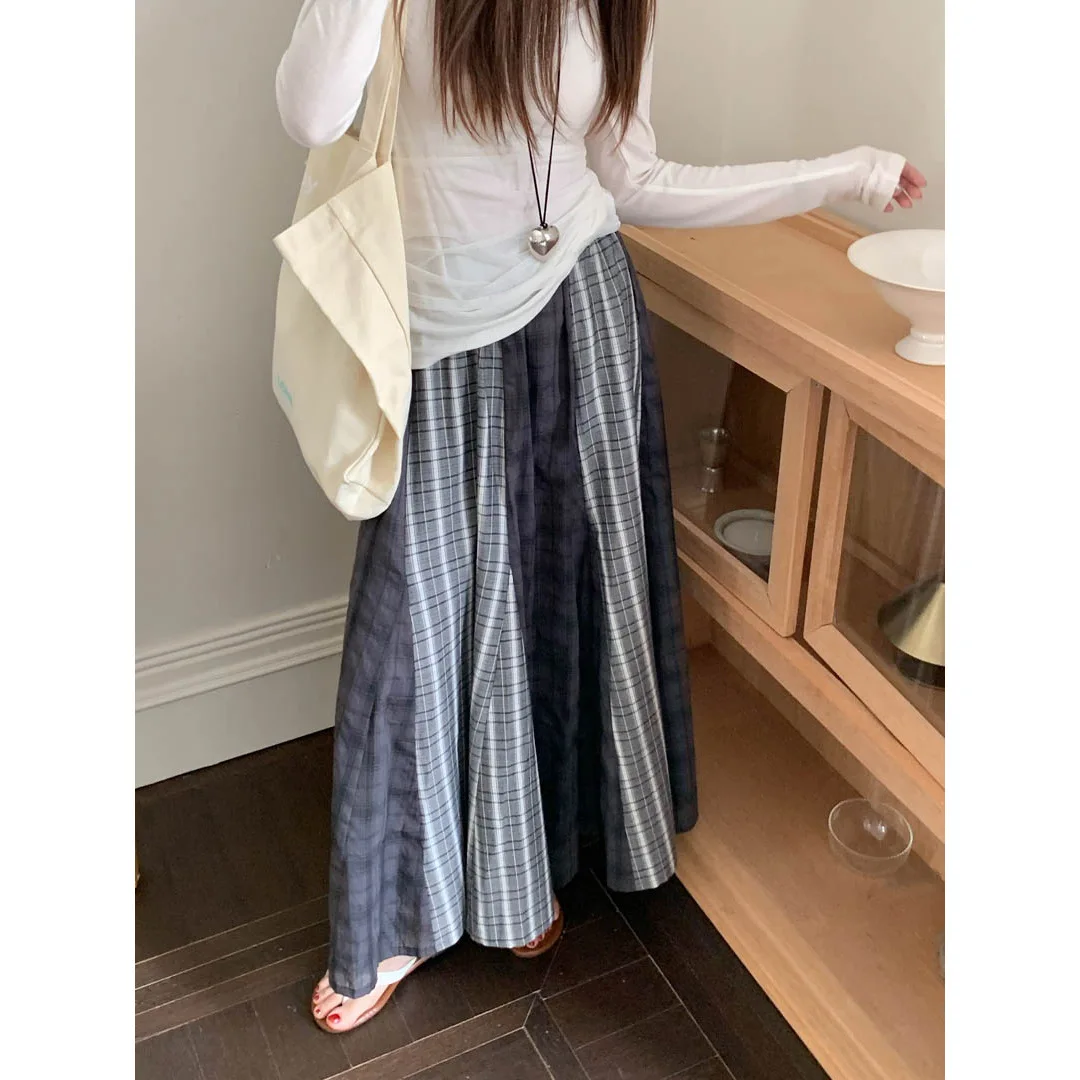 

Striped Patchwork Plaid Skirt Women Spring New Loose Fashion Casual Versatile Long Skirt Z0YQ