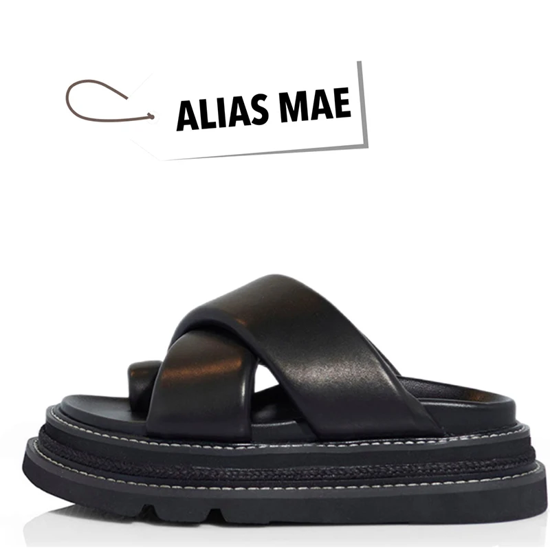 Alias Mae Hoogwaardige Zomer Lederen Platte Bodem Ronde Top Teen Crossband Dames Slippers