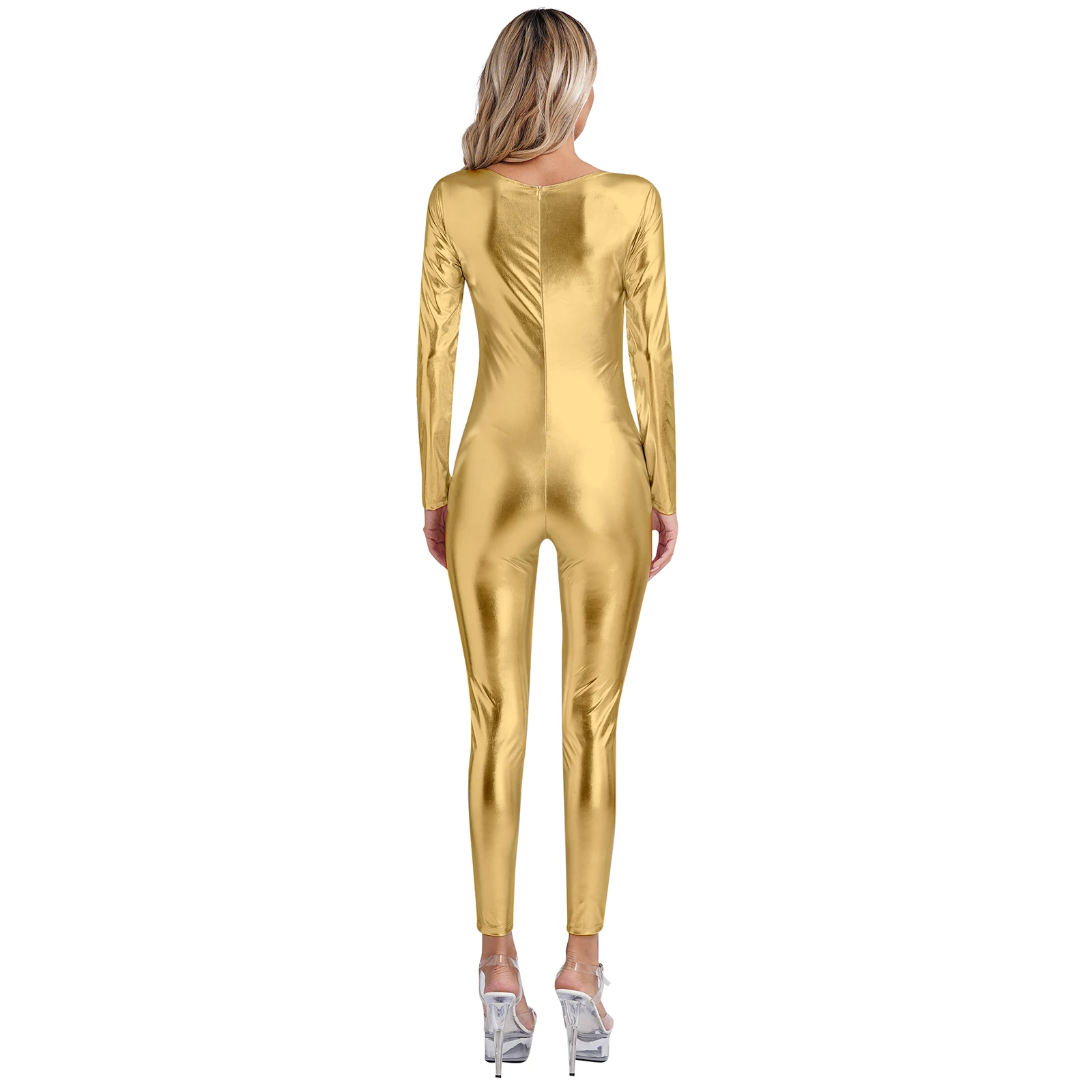 Womens Shiny Yoga Fitness Shapewear Tight Bodysuit Long Sleeve Slim Fit Full Body Bodysuit Jumpsuit for Clubwear Costumes