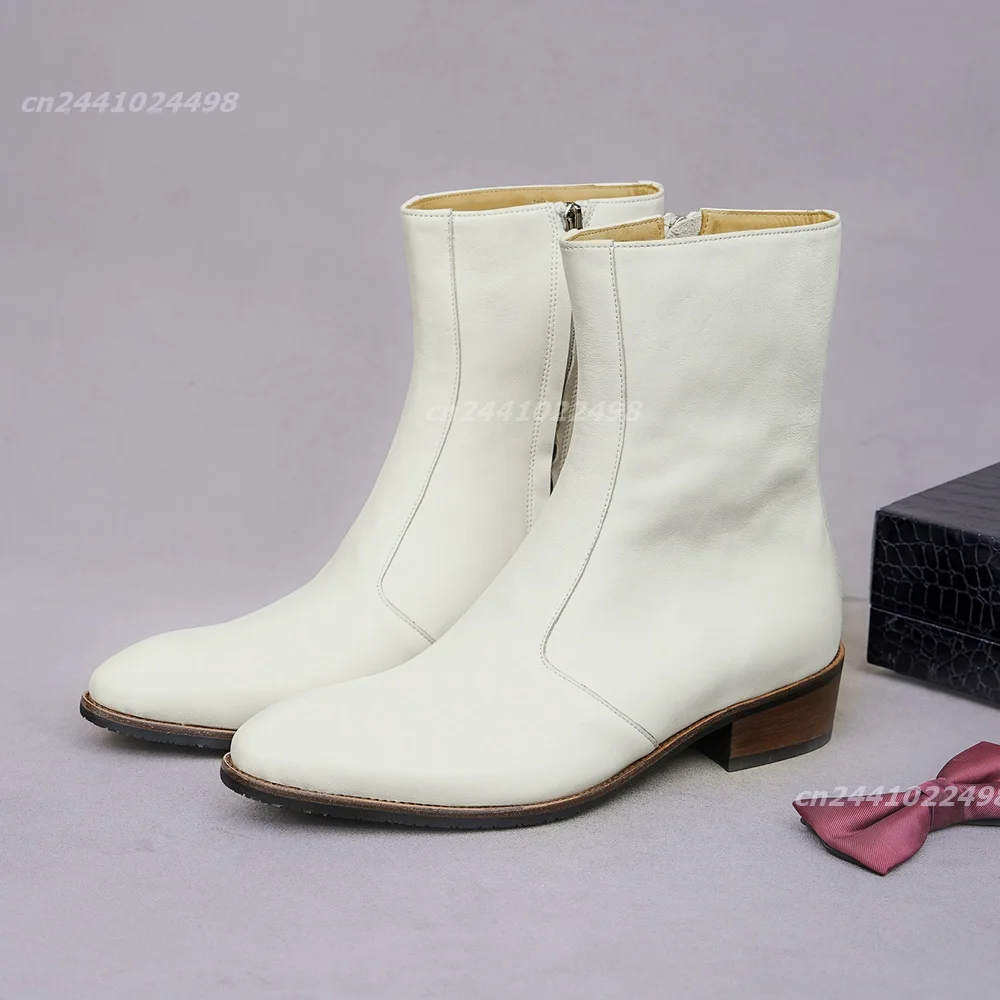Side Zipper Pointed Toe Men Ankle Boots, Block Heel Mid Calf Dress Boots Matte Leather Footwear For Party Two Colors Available