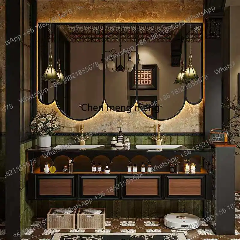 

Light luxury antique bathroom cabinet combination bathroom double basin washstand rock slab