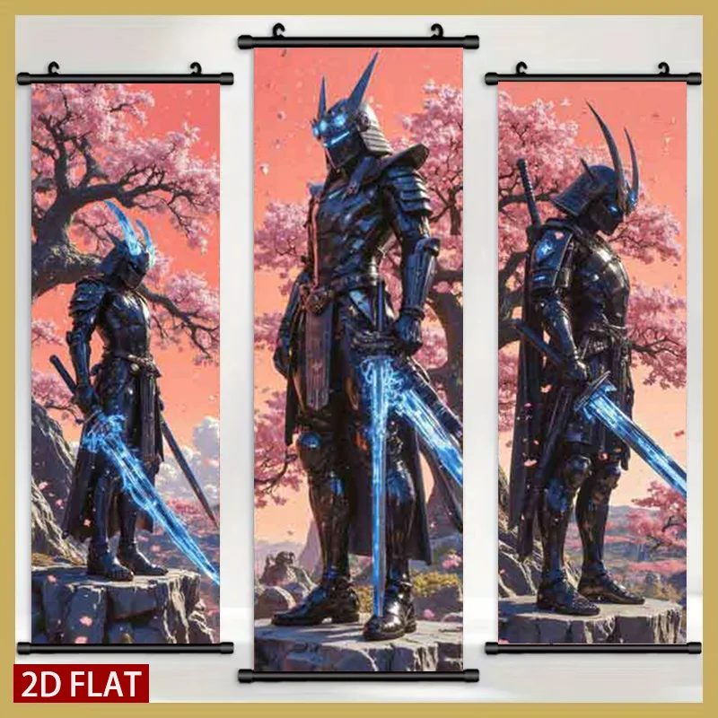 2D/FLAT-3pcs Cyber Samurai Plastic Scroll Wall Art Sci-fi Mecha Style Printed Artwork Premium Hanging Scroll Decor