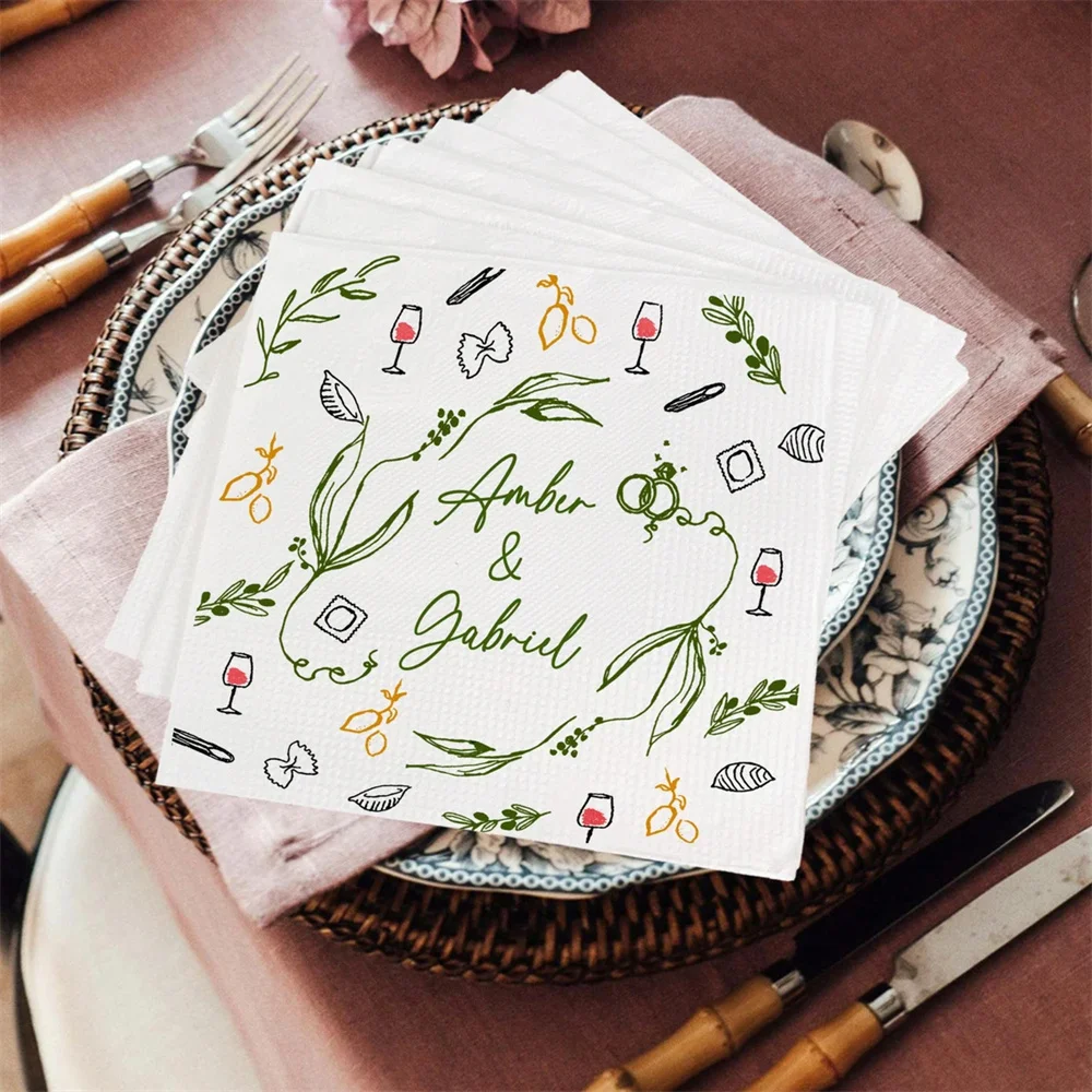 50PCS Unique Personalized Wedding Napkins With Couple Names, Colorful Hand Drawn Napkins, Dinner Bridal Shower Engagement Party,