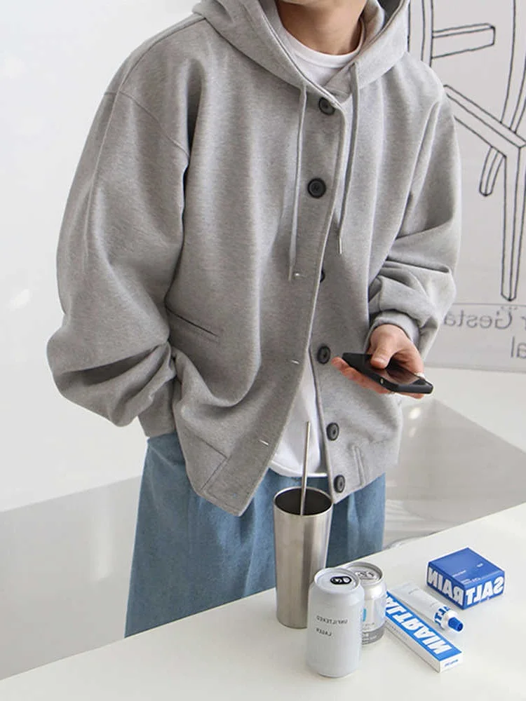 

Loose Fit Men's Hoodie Cardigan Single Button Grey Sweatshirt Korean Style Casual Pure Color Versatile Rope Tied Coat