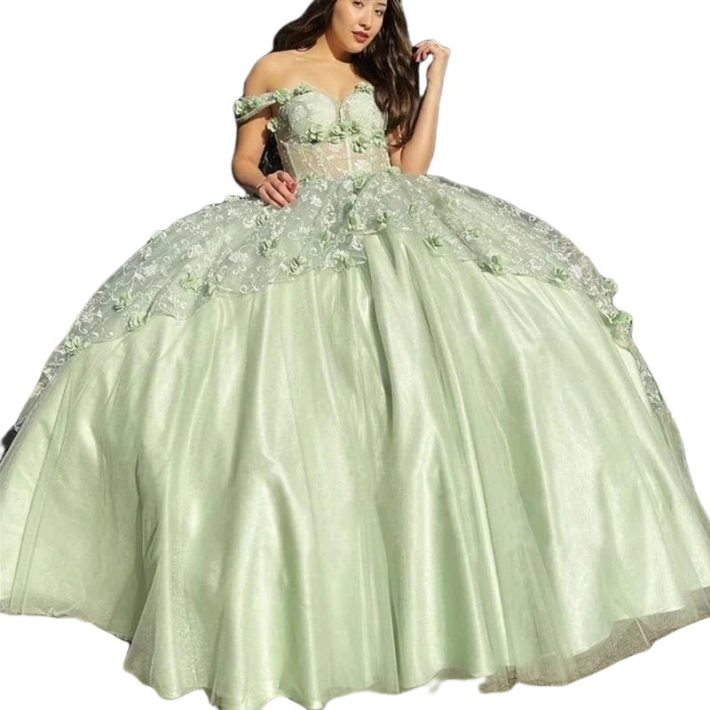 قبالة الكتف الأميرة فساتين Quinceanera ثلاثية الأبعاد الأزهار فستاين سهرة/فساتين الحفلات للنساء الدانتيل والساتان حفلة موسيقية مع قطار الحلو 16 فستان Vestidos