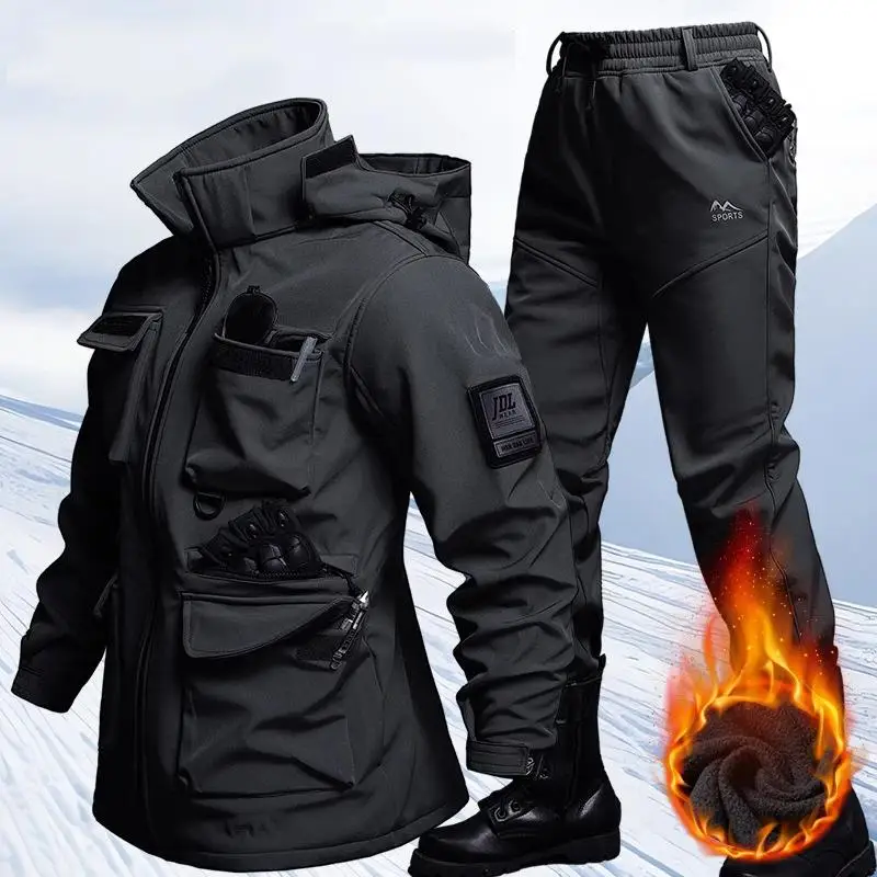 Plush Tactical Assault Suit Men Multiple Pockets Cycling Fishing Hunting Exploration Wear-resistant Work Clothes Waterproof Suit