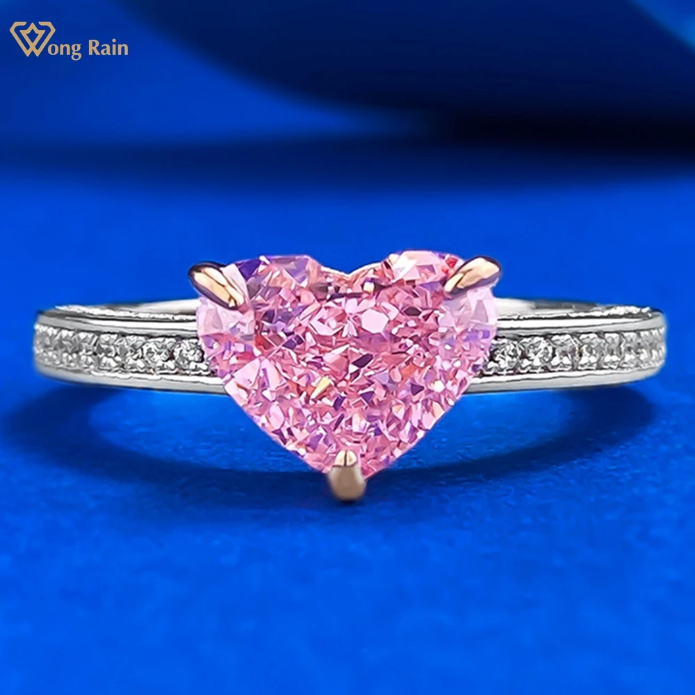 Wong Rain 925 Sterling Silver Heart 7*9 MM Lab Pink Sapphire High Carbon Diamond Gemstone Wedding Engagement Rings Fine Jewelry