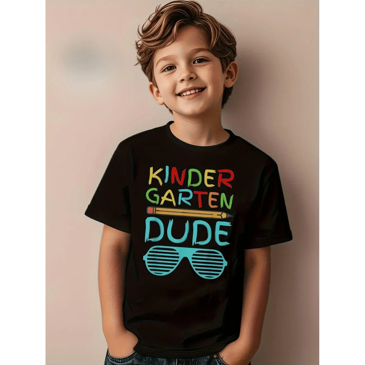Boys' School T-Shirt with Kindergarten Doll Print & Glasses - Breathable Short Sleeve Crew Neck Shirt Suitable for,, Summer Outfits - Machine Washable Casual Wear for Back-to-School