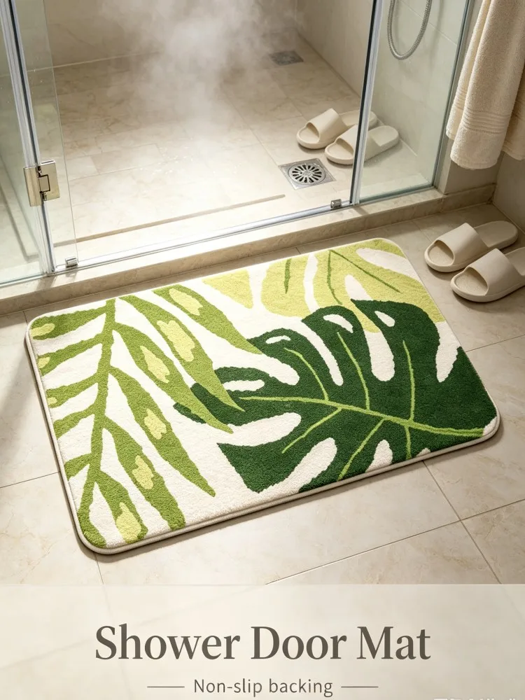 Tropical Green Monstera Leaf Bath Mat Flannel Absorbent Bathroom Rug Non‑Slip Shower Doormat Home Bedroom Kitchen Floor Decor Ca view 3