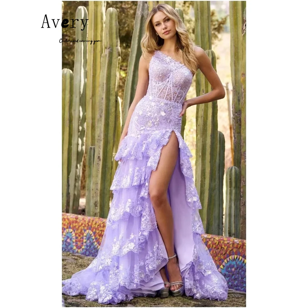 Avery Custom Zijsplit Off-shoulder Mouwloos Kant Elegante Feestavondjurken 2025, Vrouw Luxe Avondjurk Dames Gala