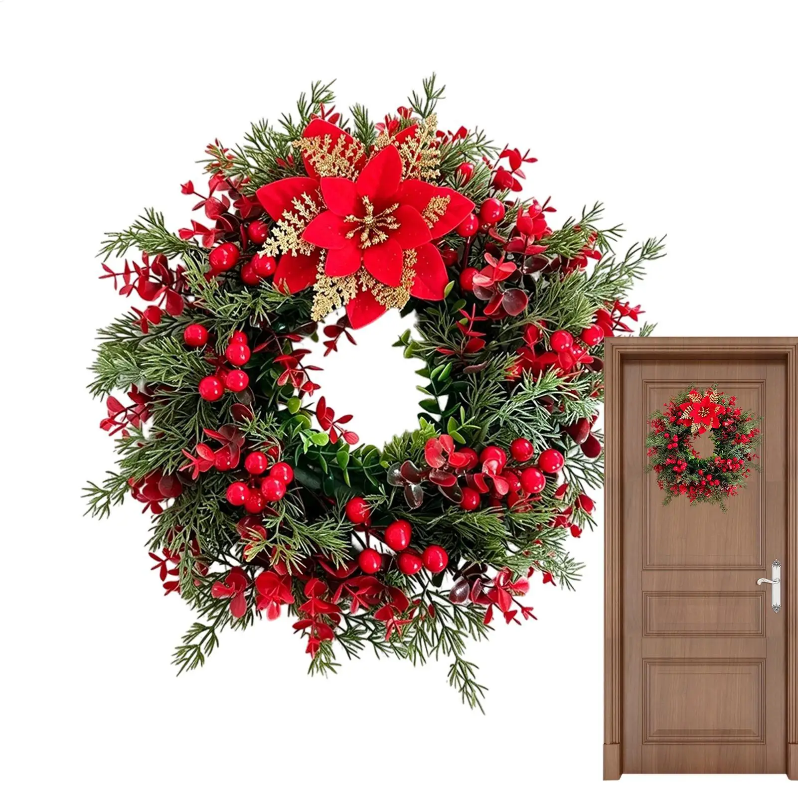 40cm Artificial Christmas Pine Eucalyptus Wreath Faux Greenery Wreath with Red Berries Porch Farmhouse Xmas Holiday Party Decor