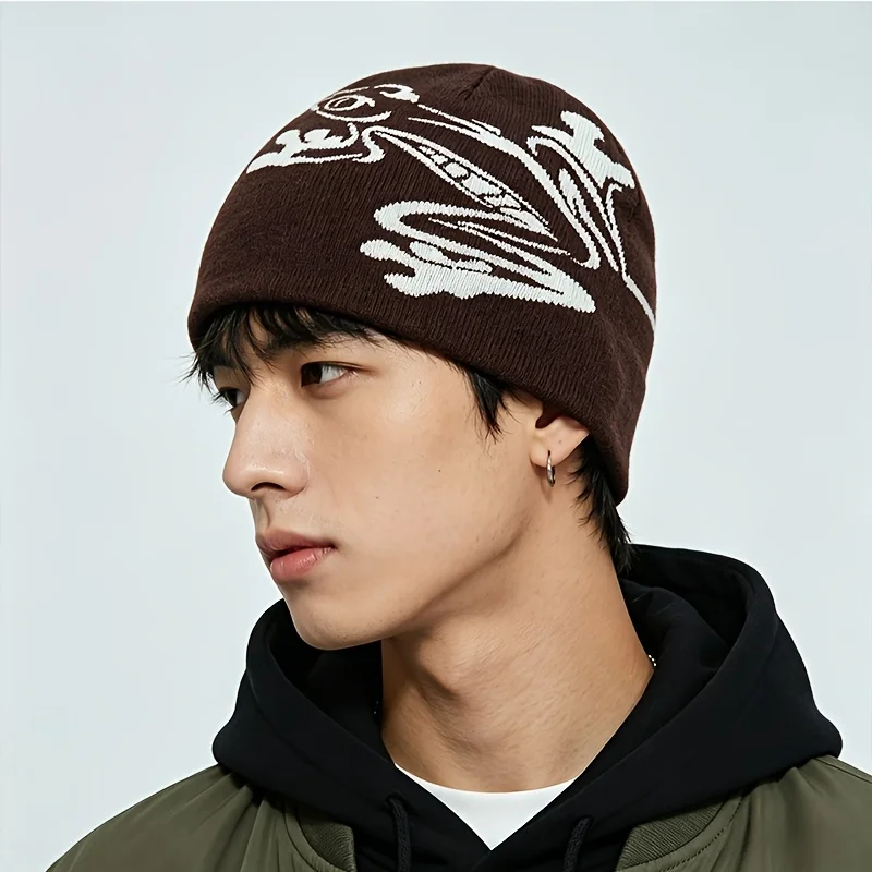 Retro Frog Jacquard Knit Beanie Hat Unisex Black White Graphic Skullcap Winter Streetwear Beanie Cap Hip Hop Casual Knitted Hat