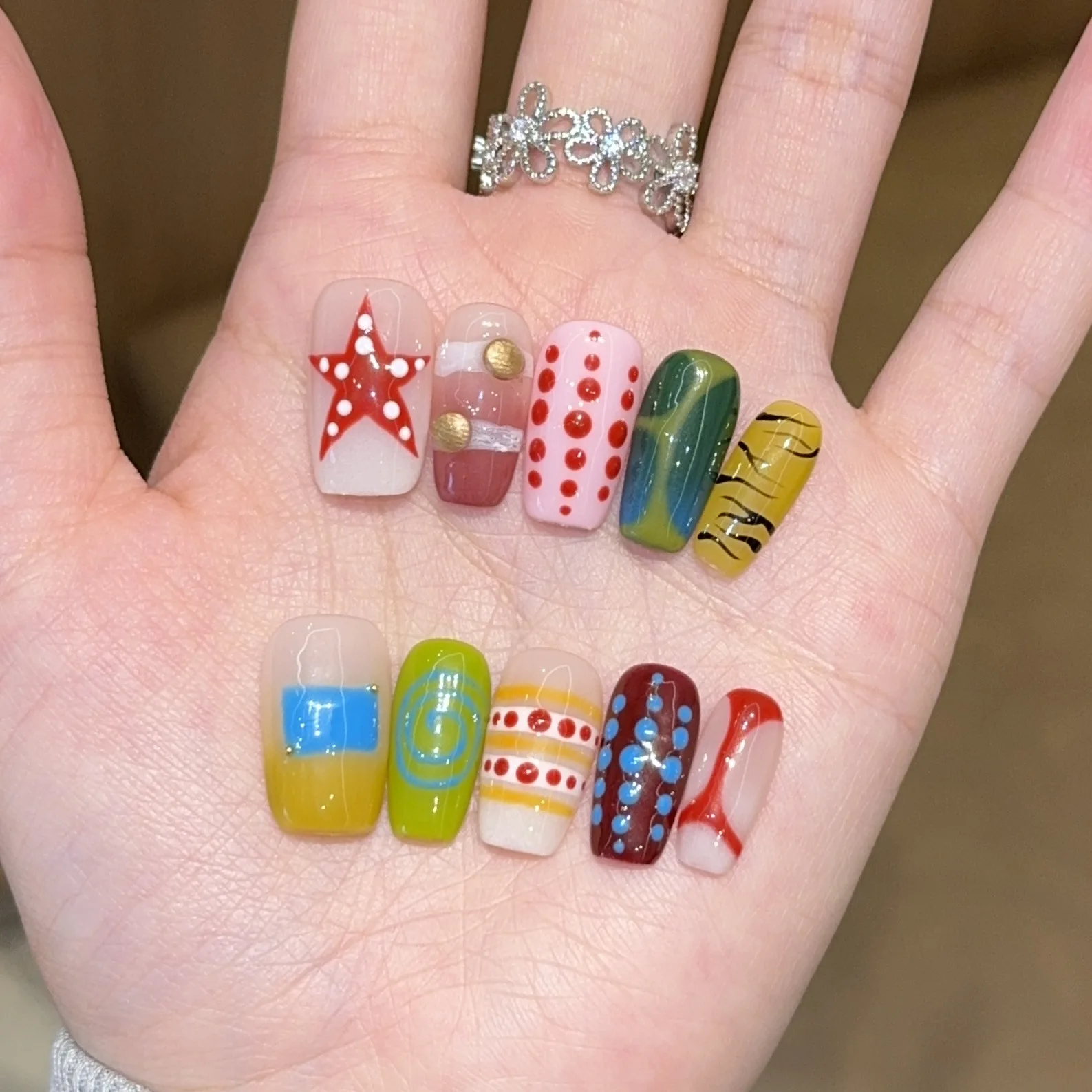 10pcs Handmade Middle Square Press On Nails Hand-drawn Star Polka Dot Design Sweet Cool Fake Nails Wearable Nails Spice Girls
