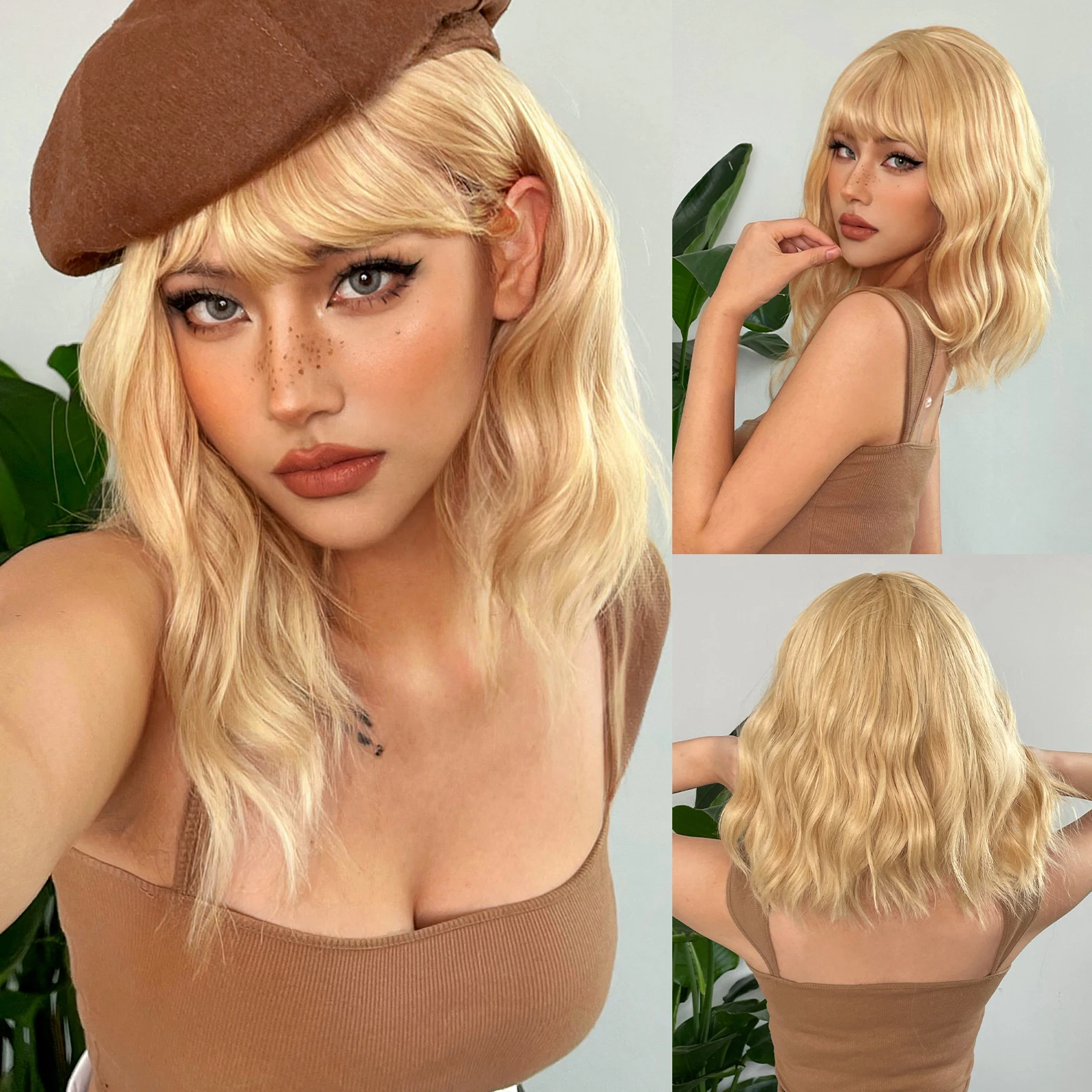 

Medium Wavy Honey Blonde Wig with Full Bangs for Women Natural Warm Golden Blonde Synthetic Hair Heat Resistant Fiber