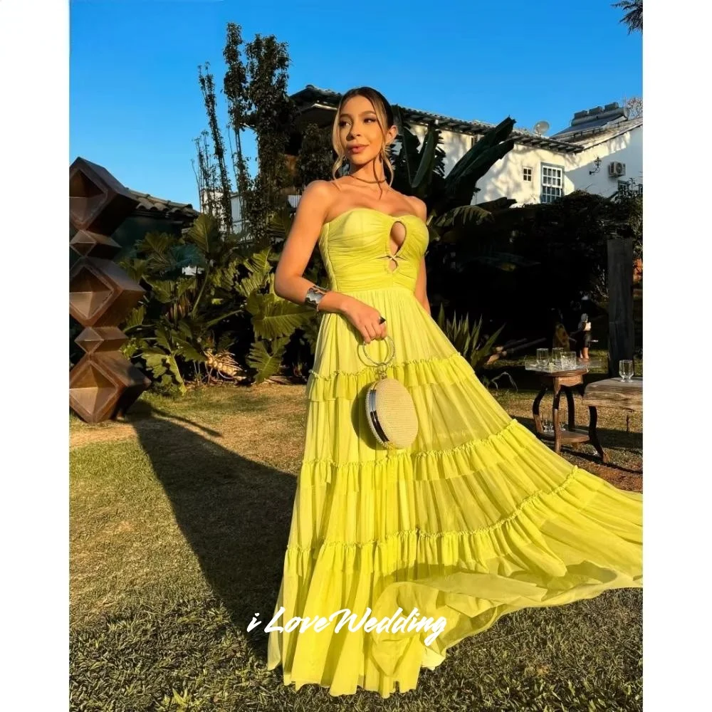 

Yellow Strapless Prom Dress Sleeveless A-Line Backless Floor-Length Sleeveless Evening Dress Wedding Party Dress Dubai Customize