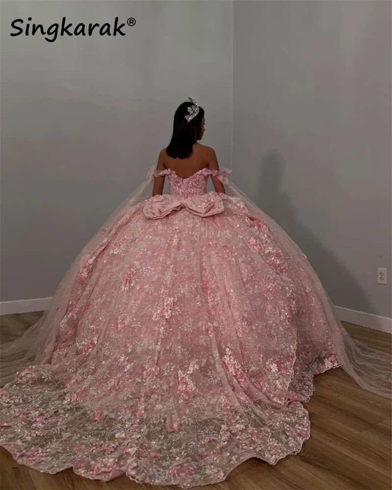 Glitter Roze Kralen Baljurk Quinceanera Jurken 2024 Appliques Sweet 16 Jurk Pageant Gowns Vestids De 15 Años Aangepast