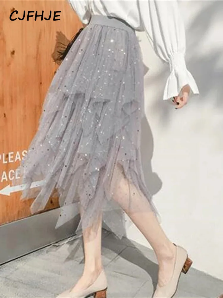 Fashion Shiny Stars Sequins Irregular Tulle Skirts Women Spring Chic Fairy Sweet Cake Mesh Skirt Female Elegant Lady Faldas