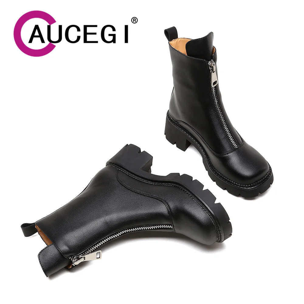

Aucegi New Arrival Platform Women Genuine Cow Leather Ankle Boots Black Zipper Round Toe Ladies Handmade Shoes Big Size 34-43