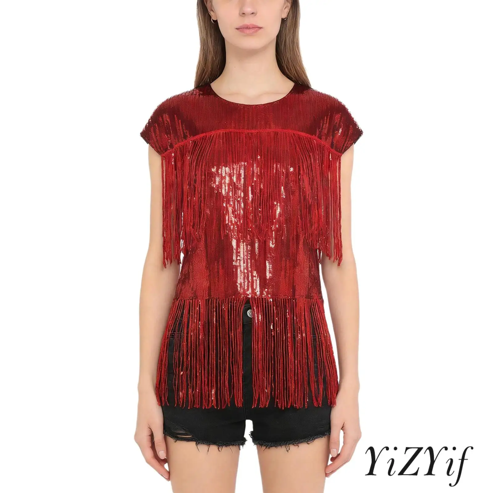 

Womens Jazz Hip Hop Dance Wear Glittery Fringe T-shirt Crew Neck Cap Sleeve Tiered Tassel Fully Lined Loose Shirt Blouse Tops