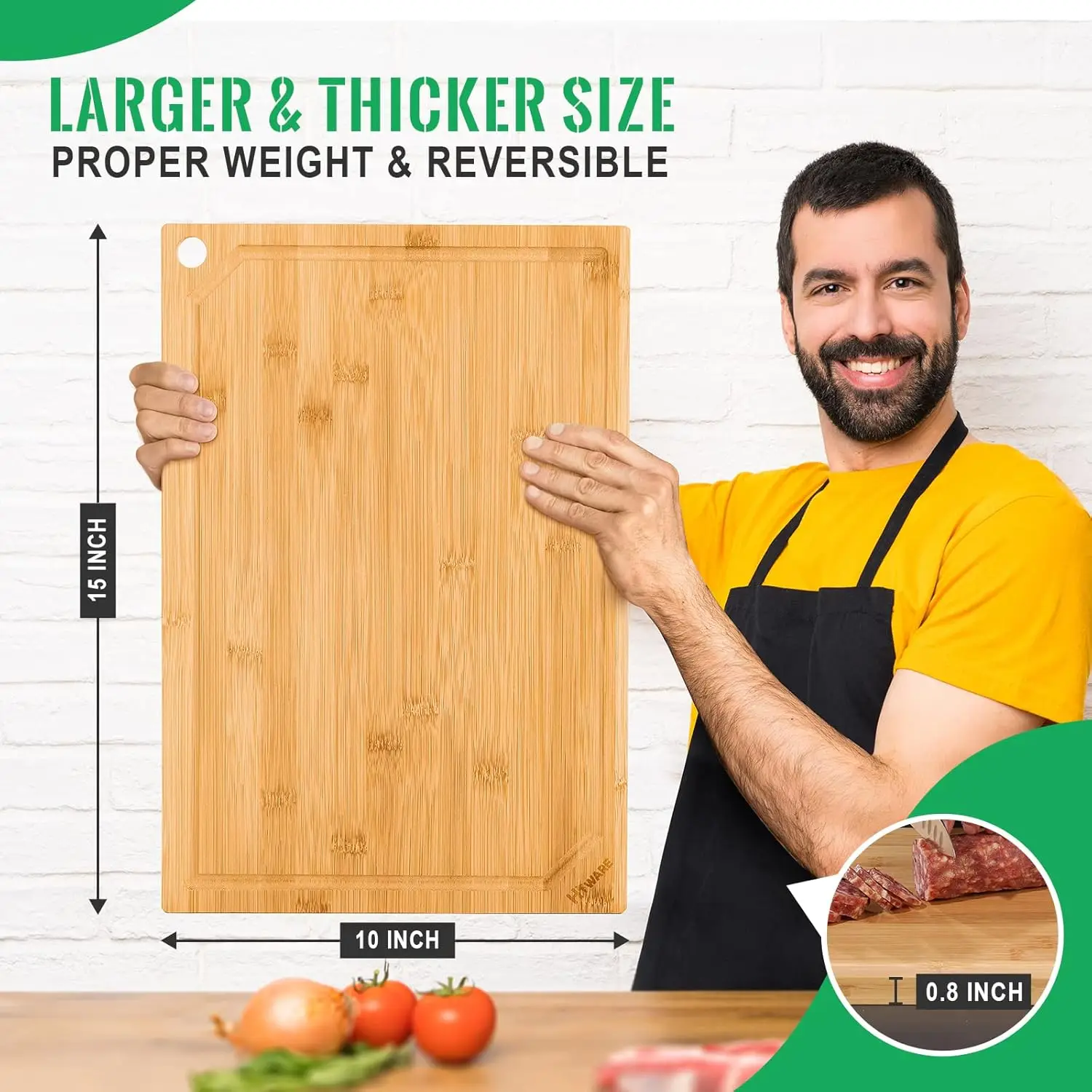 Bamboo Cutting Board for Kitchen, Heavy Duty with Juice Groove, 15x10 Inch, Knife Friendly