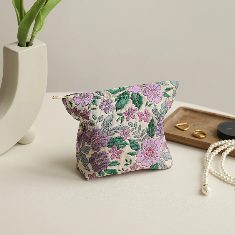 Women's Cosmetic Bag, Classic Small Purple Flower Cosmetic Lipstick Storage Bag, Portable Coin Purse, Key Bag, Liner Bag