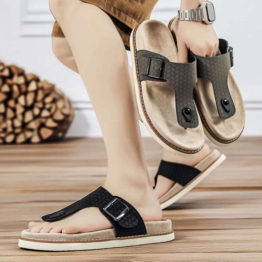 Sandalias de Corcho de Verano Shevalues para Hombre, Pantuflas de Suela Suave para el Hogar con Soporte de Arco, Chanclas Planas, Sandalias Cómodas e Informales para Dormitorio